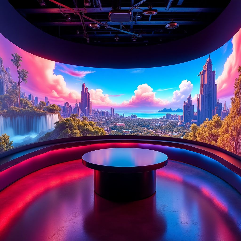 RainbowPlay studio with colorful gaming displays and indie game artwork