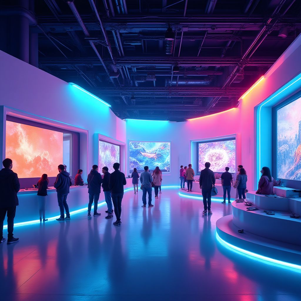 Digital exhibit showing multiple indie games in an exhibition space