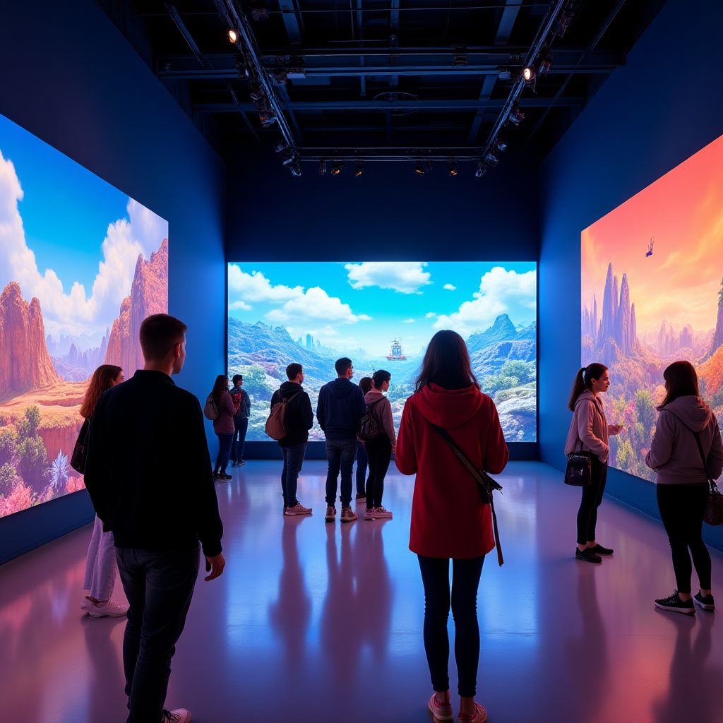 RainbowPlay exhibition space with visitors exploring indie game displays
