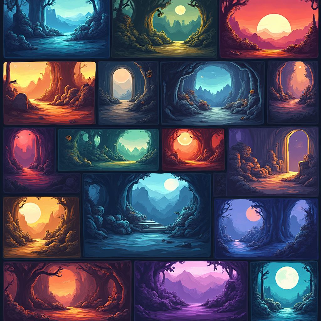 Collage of different game art styles and color palettes