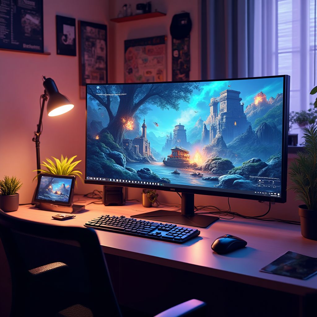 Colorful game development workstation with artwork and design elements